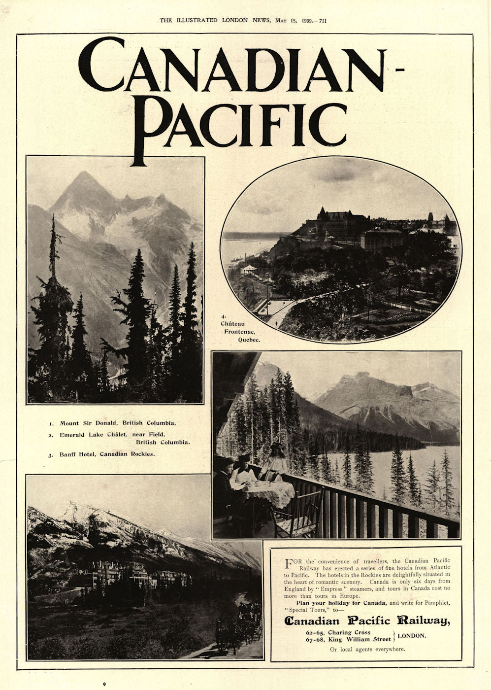 Canadian Pacific Railway advert. Mt Sir Donald British Columbia Field Banff 1909